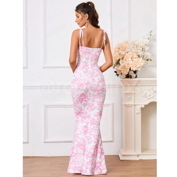 Floral Print Pink on White Long Dress Sheath, Drawstring Ties Maxi Stretchy - Picture 2 of 15